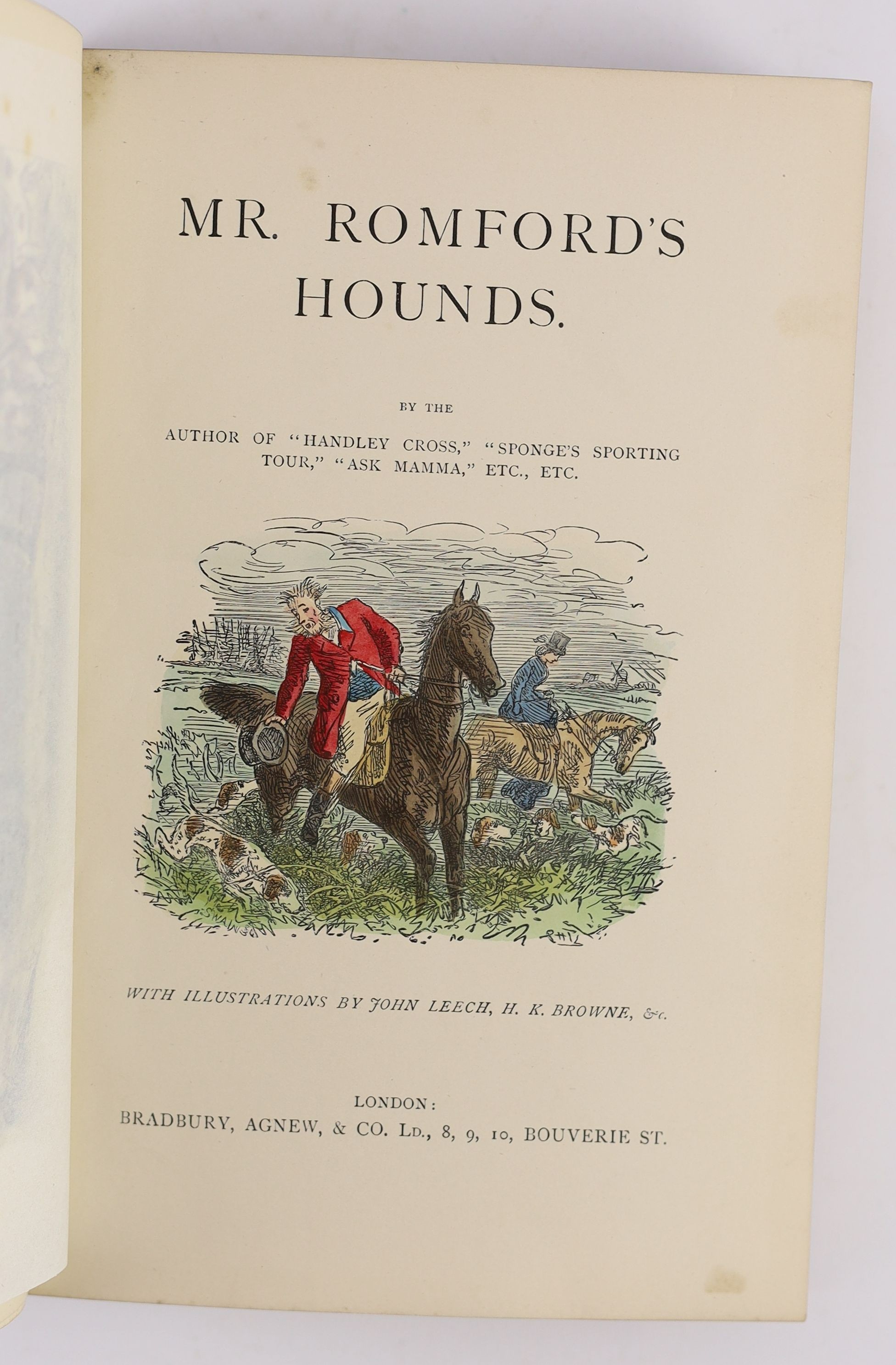 Masefield, John - Reynard the Fox, illustrated by G.D. Armour, 4to, half morocco, ink presentation inscription to front inner board, William Heinemann, London, 1921; Fore’s Sporting Notes & Sketches, vol. 1 only, London,